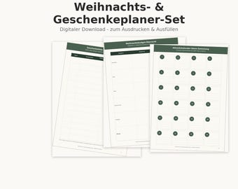 May include: A digital Christmas and gift planner set featuring printable pages with dark green headers. The sheets include a gift list, a budget overview, and an advent calendar idea collection with numbered circles for daily entries.