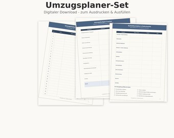 May include: A digital moving planner set with three white pages featuring dark blue headers and grid layouts. The text includes Umzugsplaner-Set, Umzugskisten, Umzugsbudget-Tracker, and Notfallkontakte & Dokumente. The pages are designed for printing and filling out.