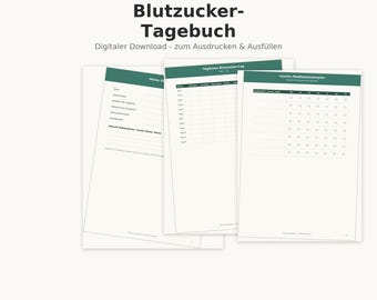 May include: A digital blood sugar logbook template featuring three white pages with dark green headers. The pages include sections for personal information, daily blood sugar tracking, and an insulin medication plan with checkboxes.
