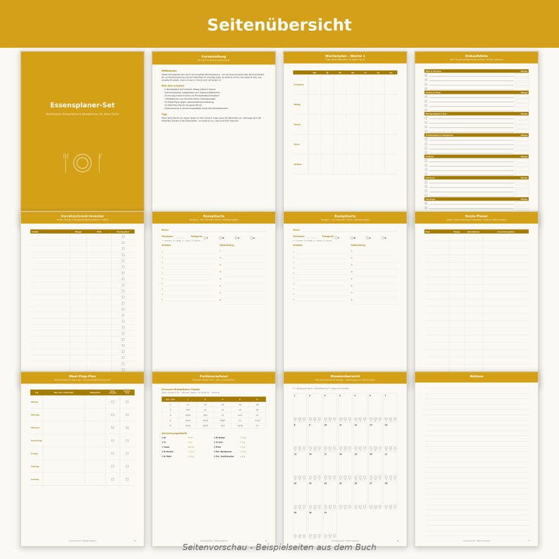 May include: A meal planner set featuring mustard yellow and white pages with German text. The layout includes a cover page, weekly meal planner, grocery list, inventory tracker, recipe cards, meal prep plan, conversion chart, monthly view, and notes.