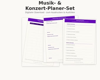 May include: A digital music and concert planner set featuring three white pages with purple headers and text. The pages include a concert log, a playlist ideas collection, and a festival packing list with checkboxes for organizing event details.