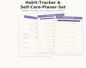 May include: A digital habit tracker and self-care planner set with white pages and purple headers. The sheets feature a circular chart, a monthly habit tracker grid, and a weekly self-care check-in table with rows for daily tracking and columns for notes.