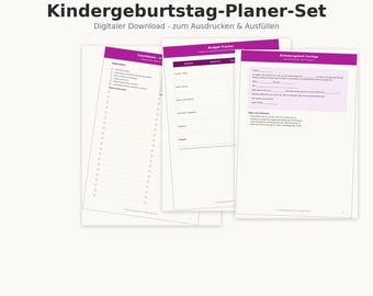 May include: A digital children's birthday party planner set with white pages and purple headers. The documents include a countdown checklist, a budget tracker, and an invitation template with German text. The set is designed for printing.