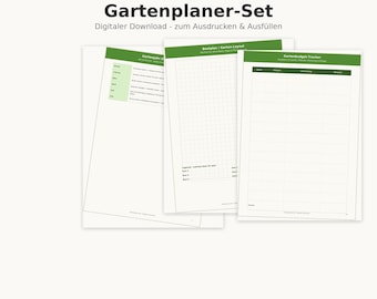 May include: A garden planner set featuring printable pages with green headers. The documents include a yearly garden overview, a grid-based garden layout sheet, and a budget tracker. The text Gartenplaner-Set, Digitaler Download - zum Ausdrucken & Ausfüllen, and Aussaat, Pflege, Ernte & Beetplanung für dein ganzes Gartenjahr are visible.