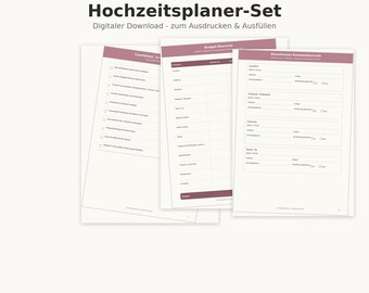 May include: A digital wedding planner set featuring printable pages with German text. The documents include a countdown checklist, a budget overview table, and a vendor contact sheet, all designed with a mauve and white color scheme.