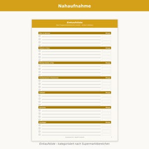 May include: A white shopping list template with mustard yellow headers and borders. The document features sections for produce, meat, dairy, dry goods, frozen items, drinks, and miscellaneous, each with checkboxes and lines for items and quantities.