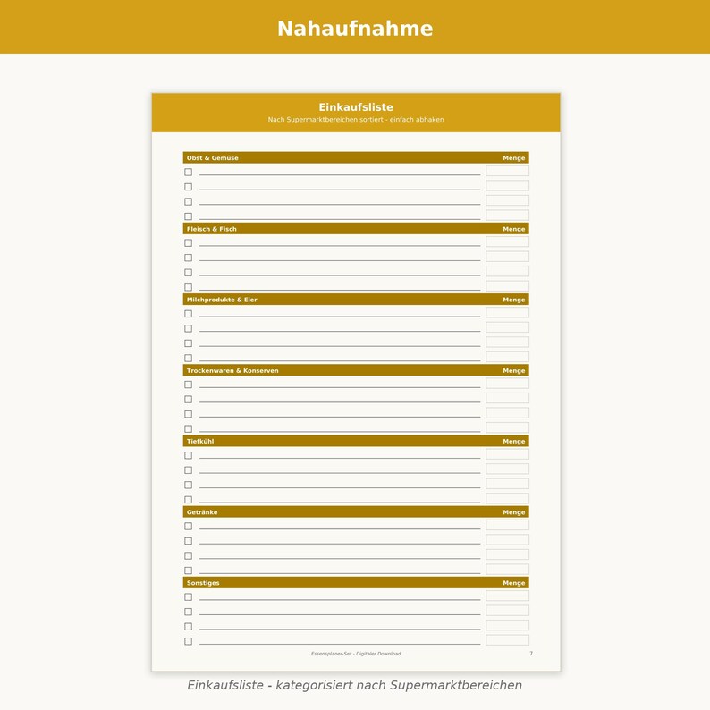 May include: A white shopping list template with mustard yellow headers and borders. The document features sections for produce, meat, dairy, dry goods, frozen items, drinks, and miscellaneous, each with checkboxes and lines for items and quantities.