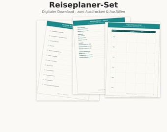 May include: A travel planner set featuring three white pages with teal headers and text. The pages include a packing list, travel details, and a daily itinerary grid. The top text reads Reiseplaner-Set, and the bottom text reads Packlisten, Budget, Itinerary & Dokumente für all deine Reisen.
