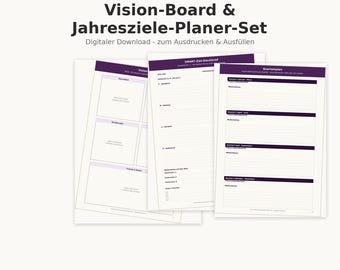 May include: A digital planner set titled Vision-Board & Jahresziele-Planer-Set featuring three white pages with purple headers and borders. The pages include sections for vision boards, SMART goals, and quarterly planning with lined spaces for writing.