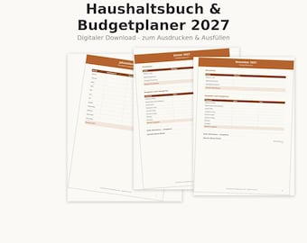 May include: A 2027 household budget planner digital download featuring printed pages with tables for tracking income, expenses, and savings goals. The layout includes sections for monthly and yearly financial summaries with brown headers.