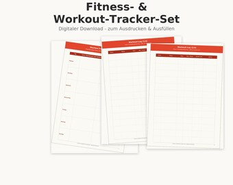 May include: A fitness and workout tracker set featuring three white paper sheets with red headers and grid layouts. The text reads Fitness- & Workout-Tracker-Set, Digitaler Download - zum Ausdrucken & Ausfüllen, Wochen-Plan, Workout-Log (1/4), Workout-Log (2/4), and Training, Fortschritt & Körpermaße in einem System.