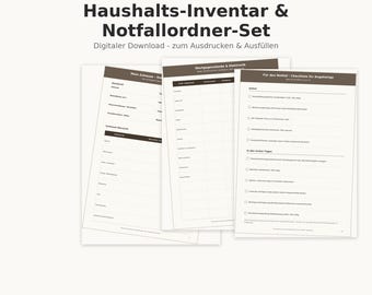 May include: A digital household inventory and emergency binder set featuring printable forms with dark brown headers. The pages include checklists for valuables, electronics, and emergency procedures, with German text headings like Haushalts-Inventar & Notfallordner-Set.