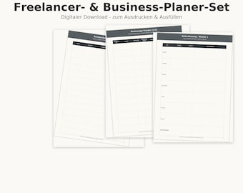 May include: A digital planner set for freelancers and businesses featuring white pages with dark gray headers and grid layouts for tracking clients, invoices, and weekly time logs. The text reads Freelancer- & Business-Planer-Set.