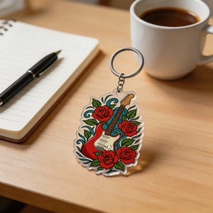 Double-Sided Acrylic Keychain Guitar Music Tattoo Flash Musician Gift afbeelding 4