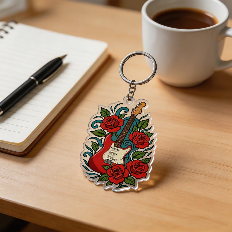 Double-Sided Acrylic Keychain Guitar Music Tattoo Flash Musician Gift afbeelding 4