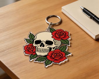 Keychain Acrylic Skull & Rose Gothic Tattoo Style Gift