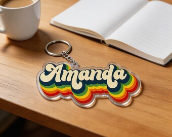 Personalized Name Retro Rainbow Seventies Script Christmas Gift Photo Keychain Ornament Magnet