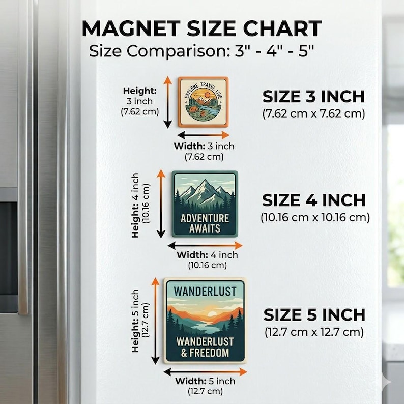 May include: A magnet size chart comparing 3", 4", and 5" magnets. The chart shows the dimensions in inches and centimeters. The magnets have travel-themed designs with text like "Explore Travel Live", "Adventure Awaits", and "Wanderlust & Freedom".