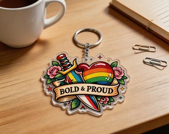 Rainbow Heart Keychain: Tattoo Style Pride Gift, Bold & Proud Ornament, Magnet