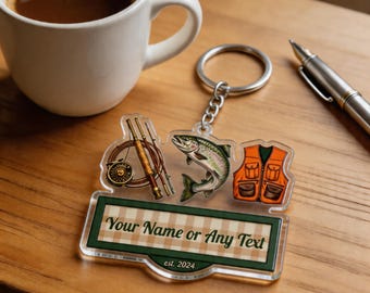 Personalized Fishing Keychain Fisherman Rustic Gift Keychain Ornament Magnet