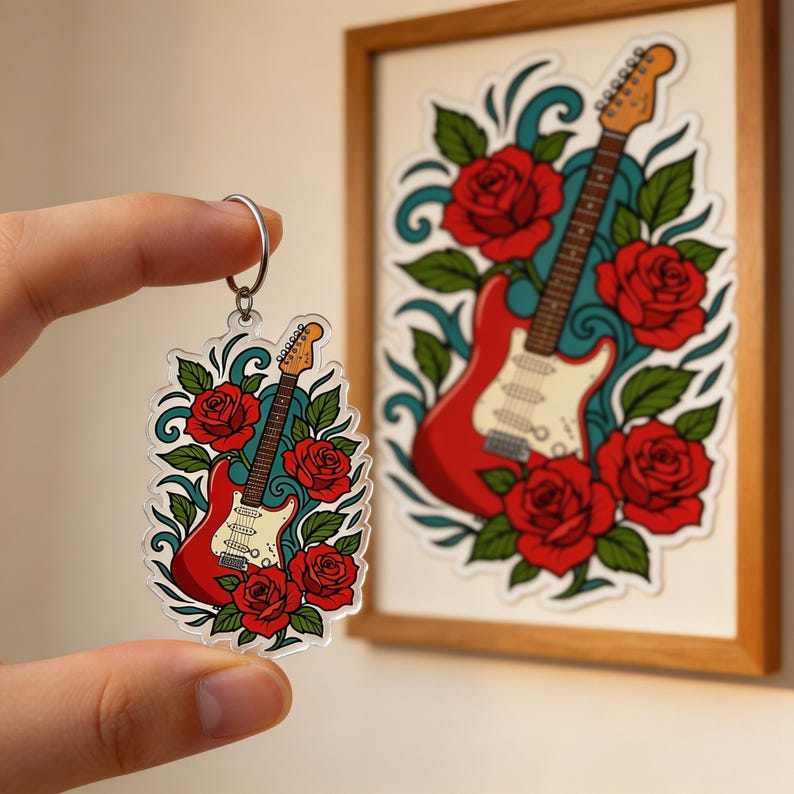 Double-Sided Acrylic Keychain Guitar Music Tattoo Flash Musician Gift afbeelding 3