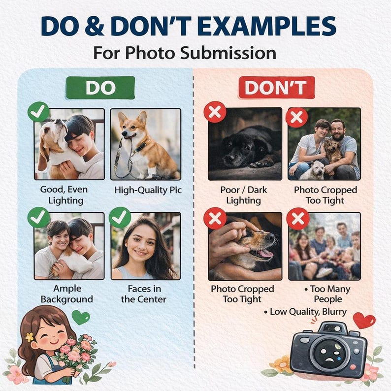 May include: A graphic with the text "DO & DON'T EXAMPLES For Photo Submission". The "DO" section shows examples of good photos, including well-lit images and ample background. The "DON'T" section shows examples of poor photos, including dark, blurry, or cropped images.