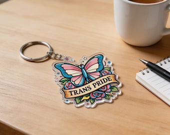 Trans Pride Keychain, Retro Floral Butterfly Acrylic Accessory
