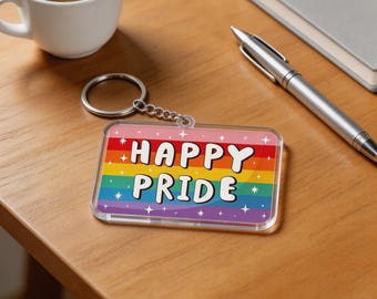 Happy Pride Rainbow Acrylic Keychain – Double-Sided LGBTQ+ Accessory