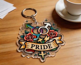 Double-Sided Acrylic Keychain Pride LGBTQ+ Floral Tattoo Style Gift