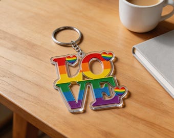 Rainbow Love Keychain: Acrylic LGBTQ Pride Accessory – Retro Design