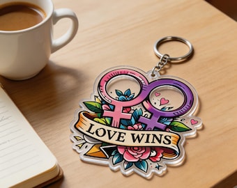 Love Wins Keychain Lesbian Pride Floral Tattoo Anniversary Gift Photo Keychain Ornament Magnet