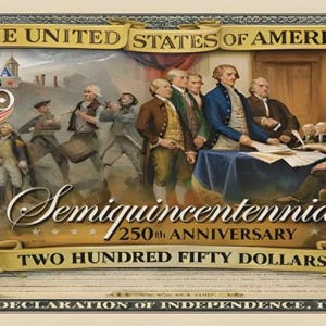 May include: A commemorative $250 bill featuring historical imagery and text. The bill includes the text "The United States of America," "America Turns 250," and "Semiquincentennial 250th Anniversary 2026." The bill also displays the years 1776 and 2026.