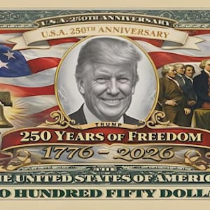 May include: A decorative $250 bill featuring the Statue of Liberty, the American flag, and a portrait. The bill commemorates the U.S.A. 250th Anniversary, with text reading "250 Years of Freedom 1776-2026" and "Two Hundred Fifty Dollars."