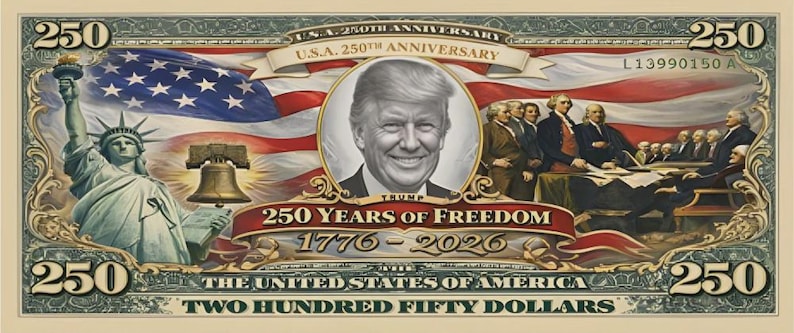 May include: A decorative $250 bill featuring the Statue of Liberty, the American flag, and a portrait. The bill commemorates the U.S.A. 250th Anniversary, with text reading "250 Years of Freedom 1776-2026" and "Two Hundred Fifty Dollars."