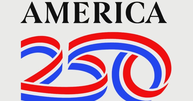 May include: The word "AMERICA" in black font is above a stylized "250" composed of intertwined red and blue ribbons, set against a light background. The design evokes a patriotic theme.