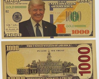 US President Donald Trump New Colorized 1000 Dollar Bill Gold + Plastic Sleeve