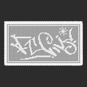 May include: A rectangular white crochet doily featuring a grid-like pattern with a scalloped edge. The design incorporates the word "LOVE" in a stylized, blocky font, with a small star shape positioned above the letter V and a heart shape below.
