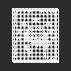 May include: A square white crochet doily featuring a central sunflower motif created with a grid-like filet pattern. The edges of the textile are finished with a decorative scalloped border, creating a distinct contrast against the dark background.