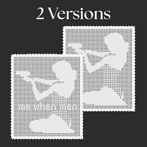 May include: Two white crochet patterns featuring a silhouette of a person holding a gun. The left pattern includes the text "me when men" in lowercase letters. Both rectangular designs have a scalloped edge and a grid-like texture.