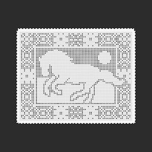 May include: A rectangular white fabric piece featuring a black cross-stitch pattern. The design includes a central graphic of a stylized animal silhouette surrounded by a geometric border with scalloped edges on all four sides of the fabric.
