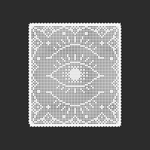 May include: A square white crochet doily featuring a central eye motif with radiating lines and geometric patterns. The piece has a scalloped edge and is constructed with a grid-like stitch pattern, creating a detailed, symmetrical design.