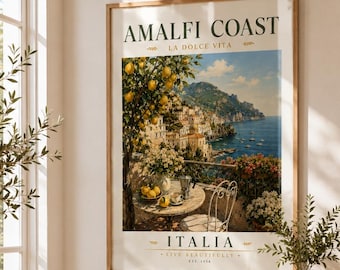 Amalfi Coast Poster | Italian Travel Wall Art | Vintage Mediterranean Print | La Dolce Vita Decor | Digital Download | Living Room Decor