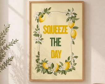 Squeeze The Day Lemon Print | Citrus Wall Art | Lemon Poster | Farmhouse Kitchen Decor | Retro Fruit Print | Yellow Green Kitchen Art