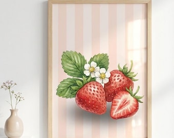 Printable Strawberry Wall Art | Pink Fruit Print | Watercolour Kitchen Decor | Digital Download | Cottage Core Art | Strawberry Illustration