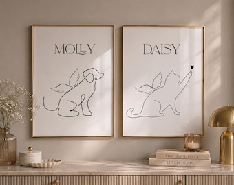 Personalised Pet Memorial Print | Custom Dog & Cat Angel Wings Wall Art | Pet Loss Gift, Rainbow Bridge Keepsake | One Line Art Pet Portrait