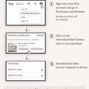 May include: A step-by-step guide on how to download digital files from Etsy. The image shows a series of screenshots with instructions, including logging in, finding purchases, and downloading files. Text includes "How to Download Your Files" and "Digital Wall Art Print."