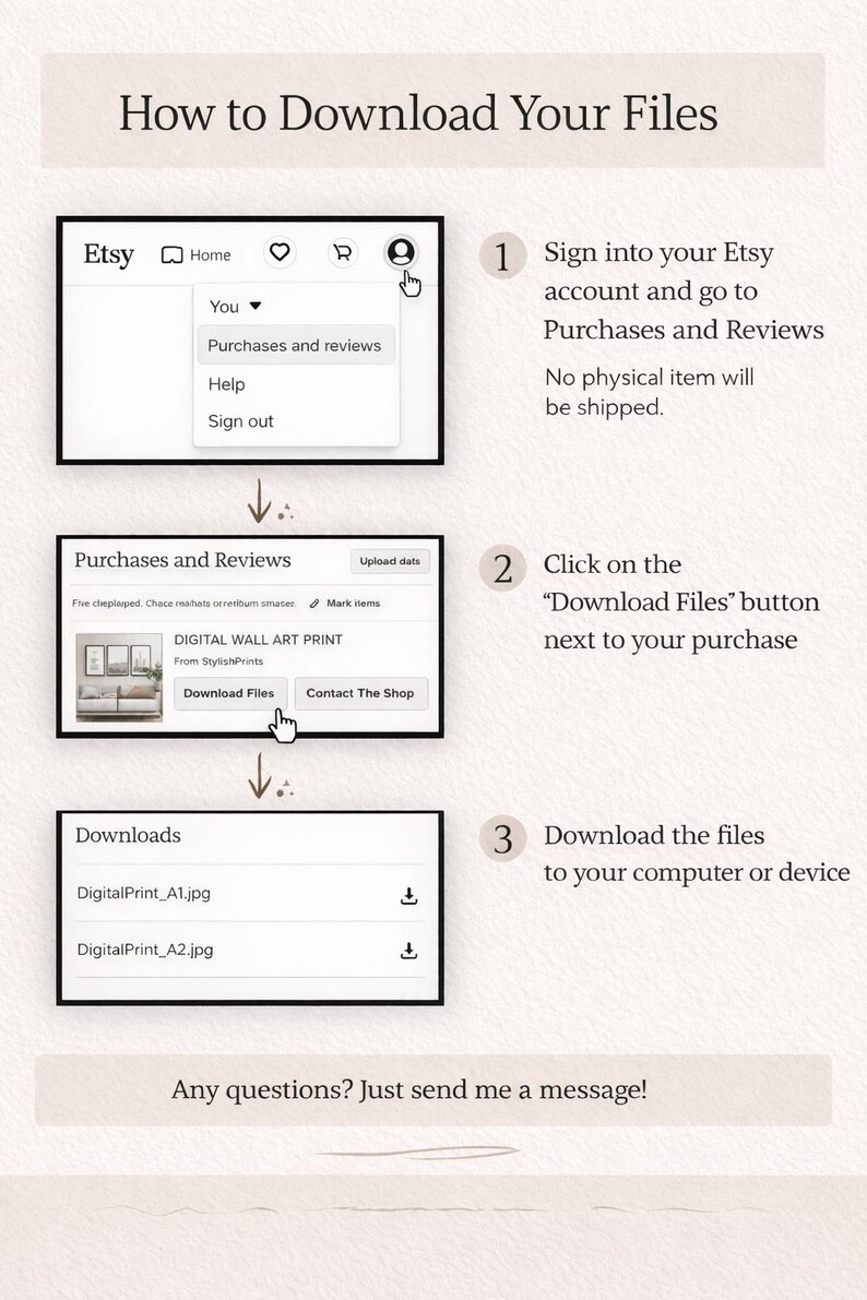 May include: A step-by-step guide on how to download digital files from Etsy. The image shows a series of screenshots with instructions, including logging in, finding purchases, and downloading files. Text includes "How to Download Your Files" and "Digital Wall Art Print."