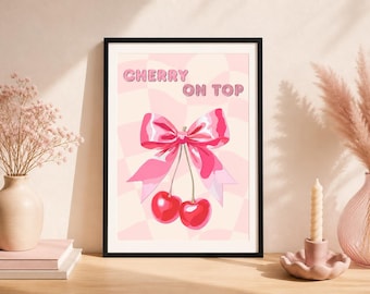 Cherry Bow Print, Pink Coquette Wall Art (Digital Download)