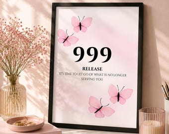 999 Angel Number Wall Art | Pink Butterfly Printable | Spiritual Release Poster | Manifestation Decor | Angel Numbers Print|Digital Download