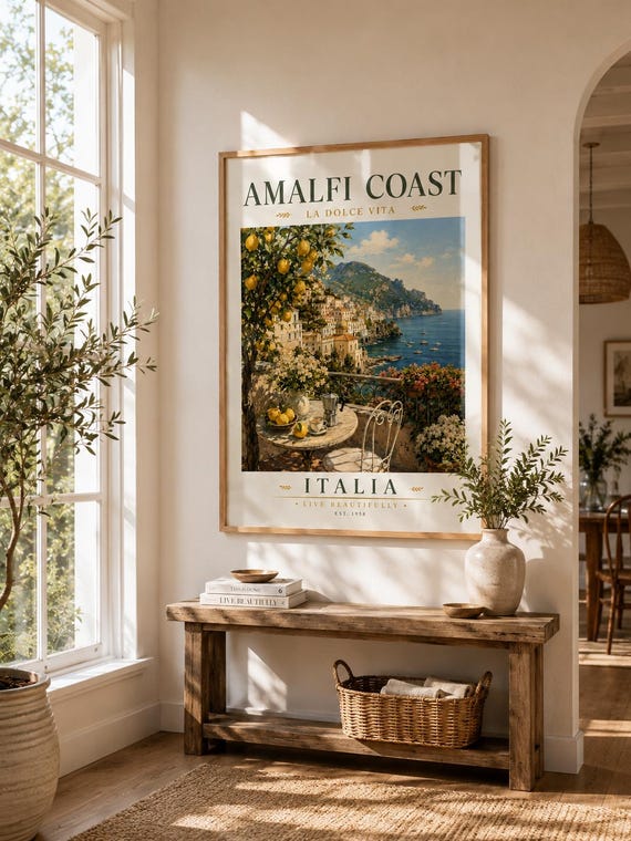 Amalfi Coast Poster | Italian Travel Wall Art | Vintage Mediterranean Print | La Dolce Vita Decor | Digital Download | Living Room Decor
